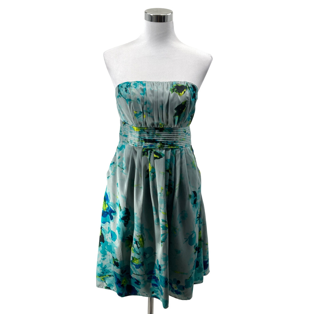 The Limited Blue Teal Floral Strapless Mini Dress Size 6 Ruched Bust Summer